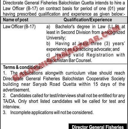 Fisheries Balochistan Law Officer Jobs 2024