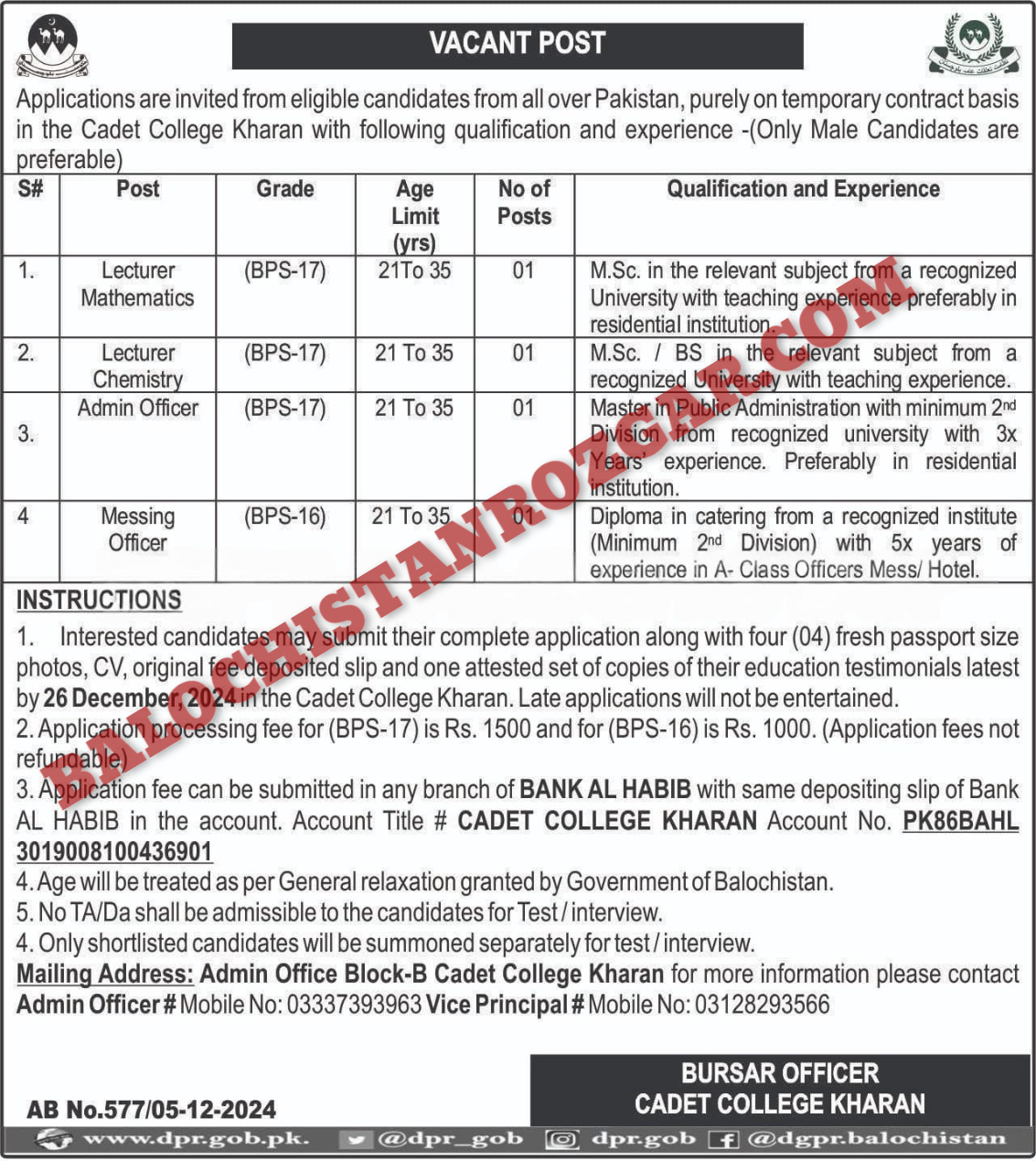 Cadet College Kharan jobs 2024