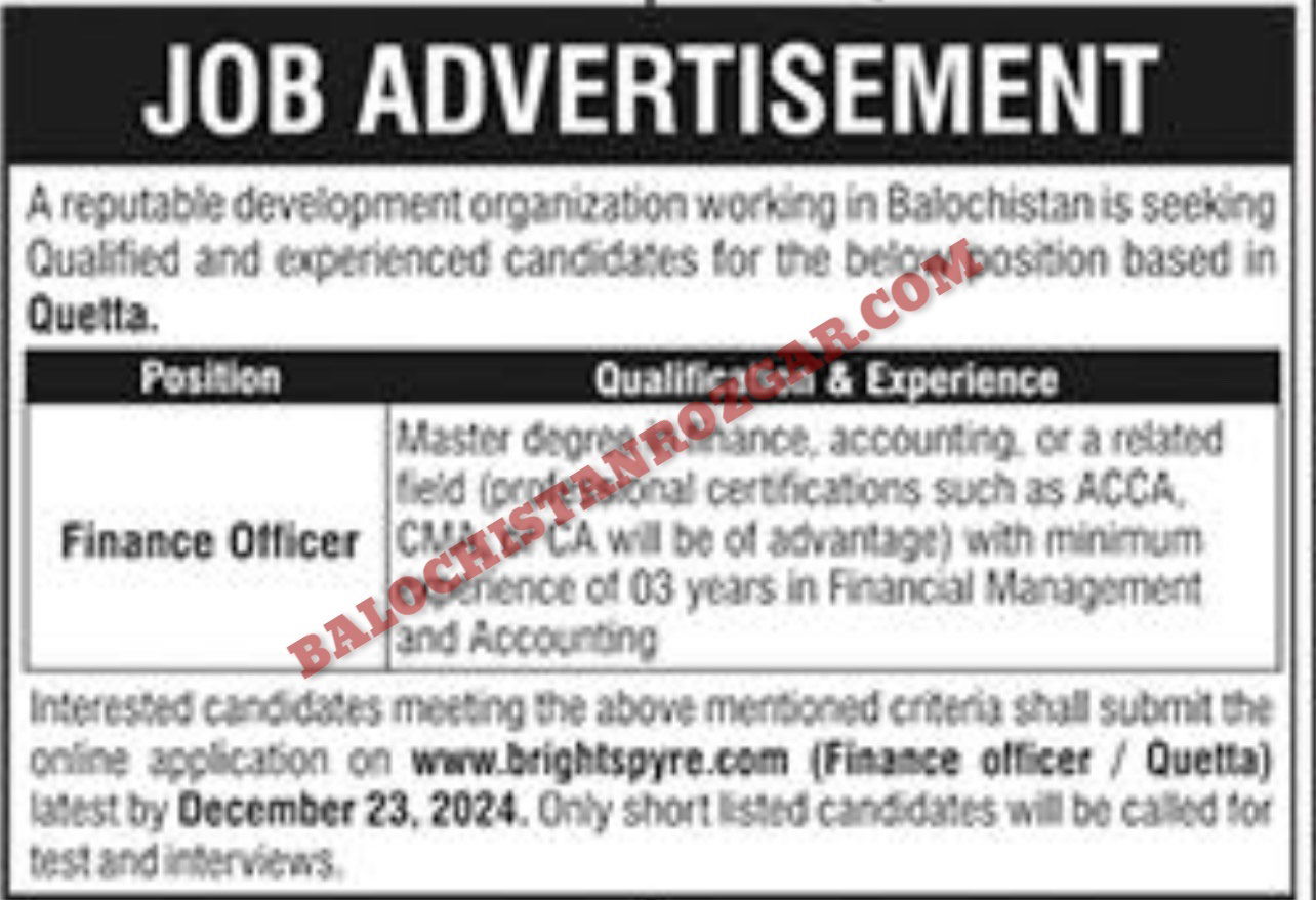 Finance officer Quetta Jobs 2024